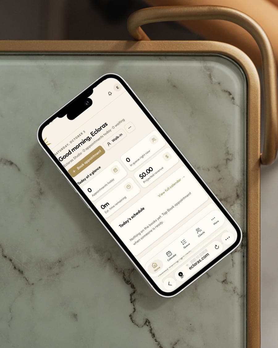 Ecloras studio home screen on a phone — today’s schedule and quick actions