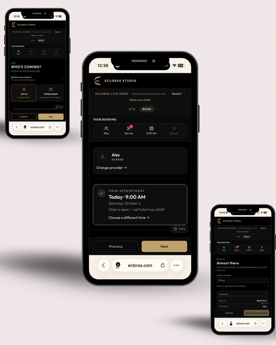 Ecloras client booking flow on phones — who, schedule, and details