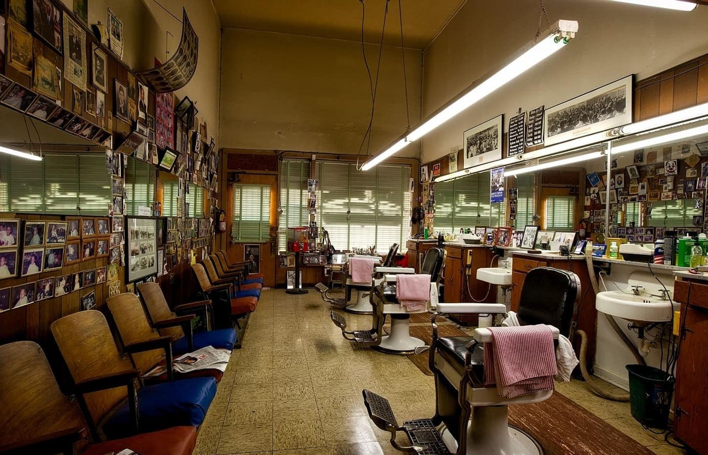 Traditional barbershop floor with chairs and waiting area